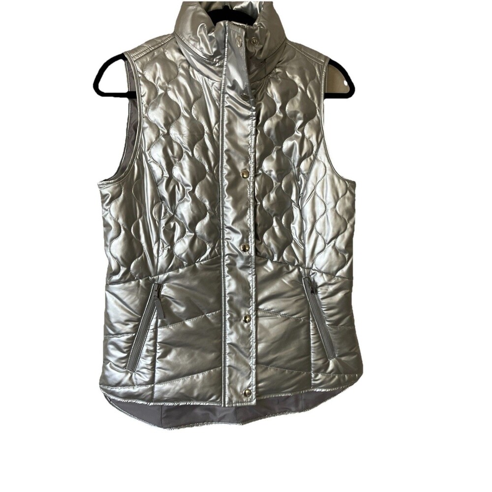 Talbots Vest Quilted Silver Celestial Metallic Vest Hooded Size XS / Small